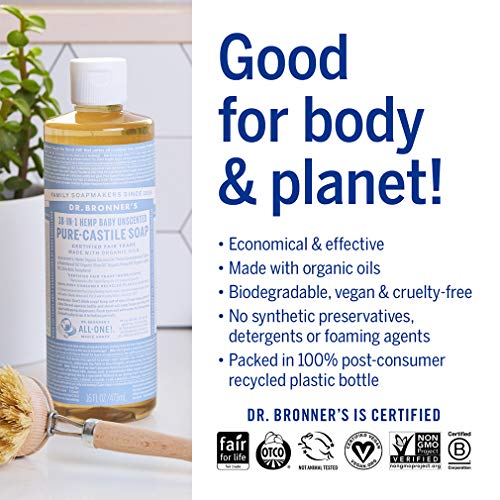 Dr. Bronner's - Pure-Castile Liquid Soap (Baby Unscented, 16 ounce, 2-Pack) - Made with Organic Oils, 18-in-1 Uses: Face, Hair, Laundry and Dishes, For Sensitive Skin and Babies, No Added Fragrance